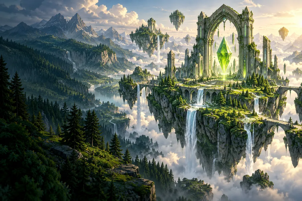 Ilustração do universo PlayGG: um portal verde em meio às montanhas